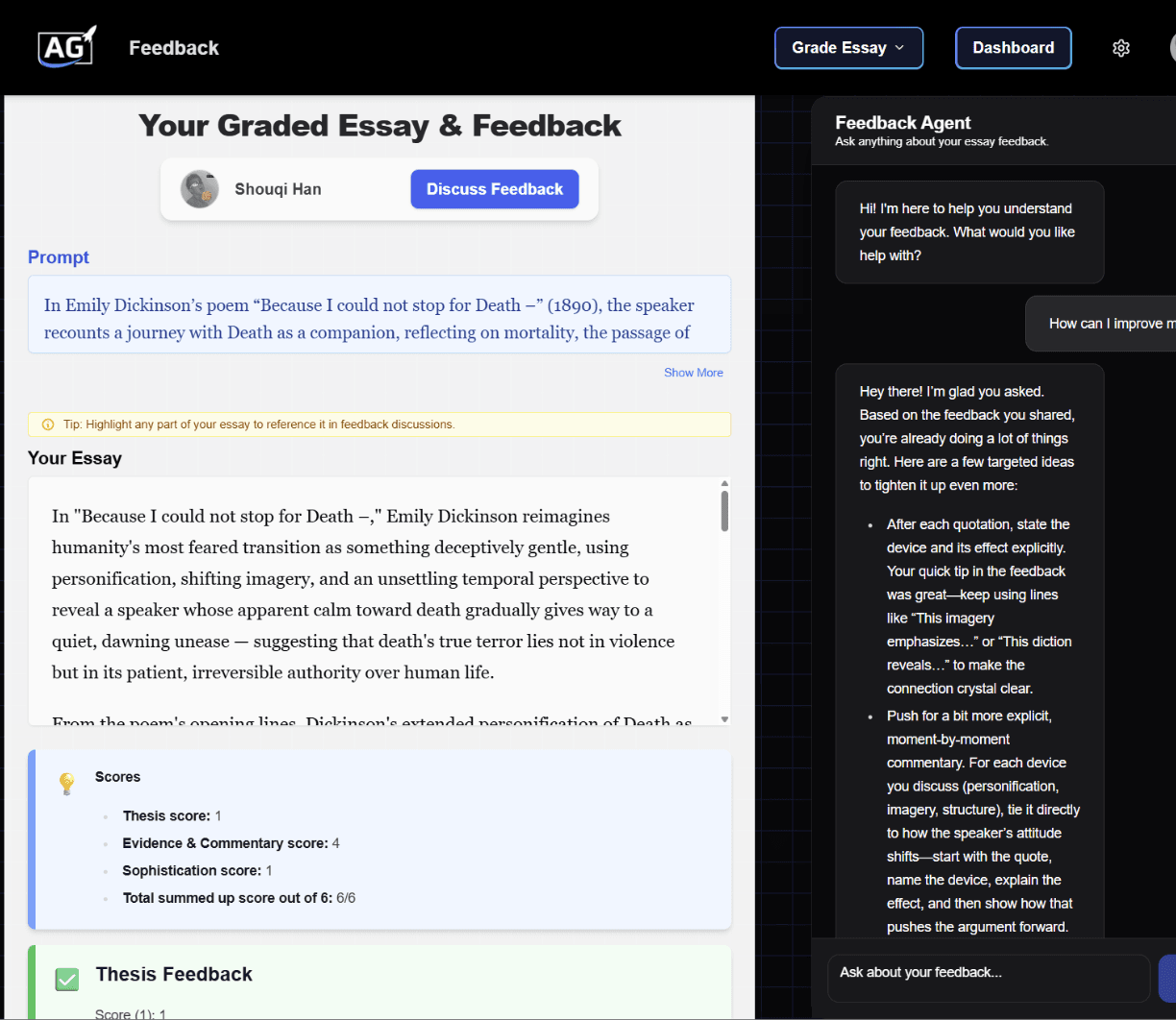 AGrader essay feedback screenshot